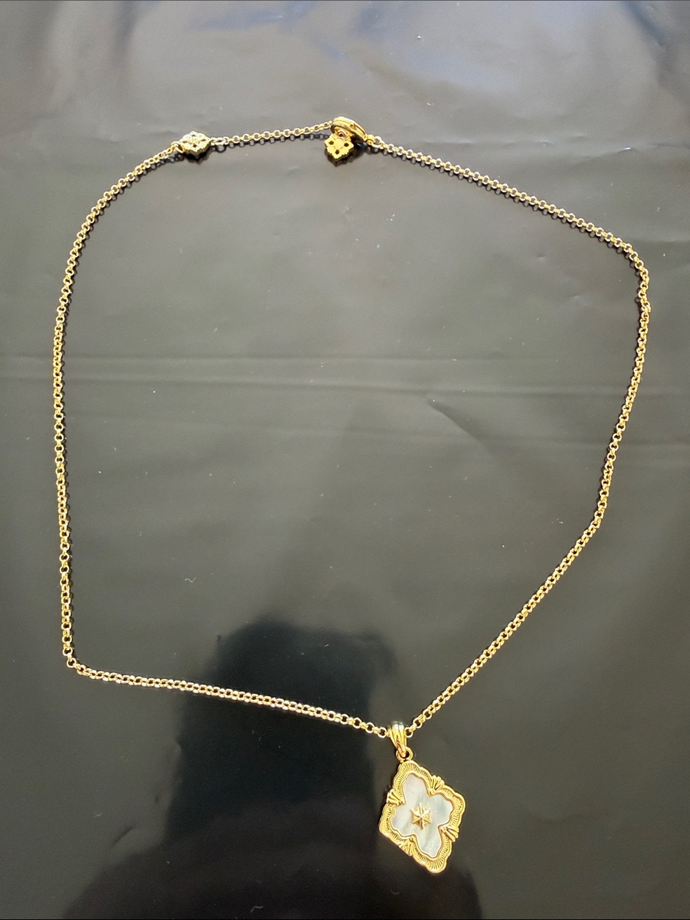 Gold Floral Pendant Necklace with Mother-of-Pearl Inlay